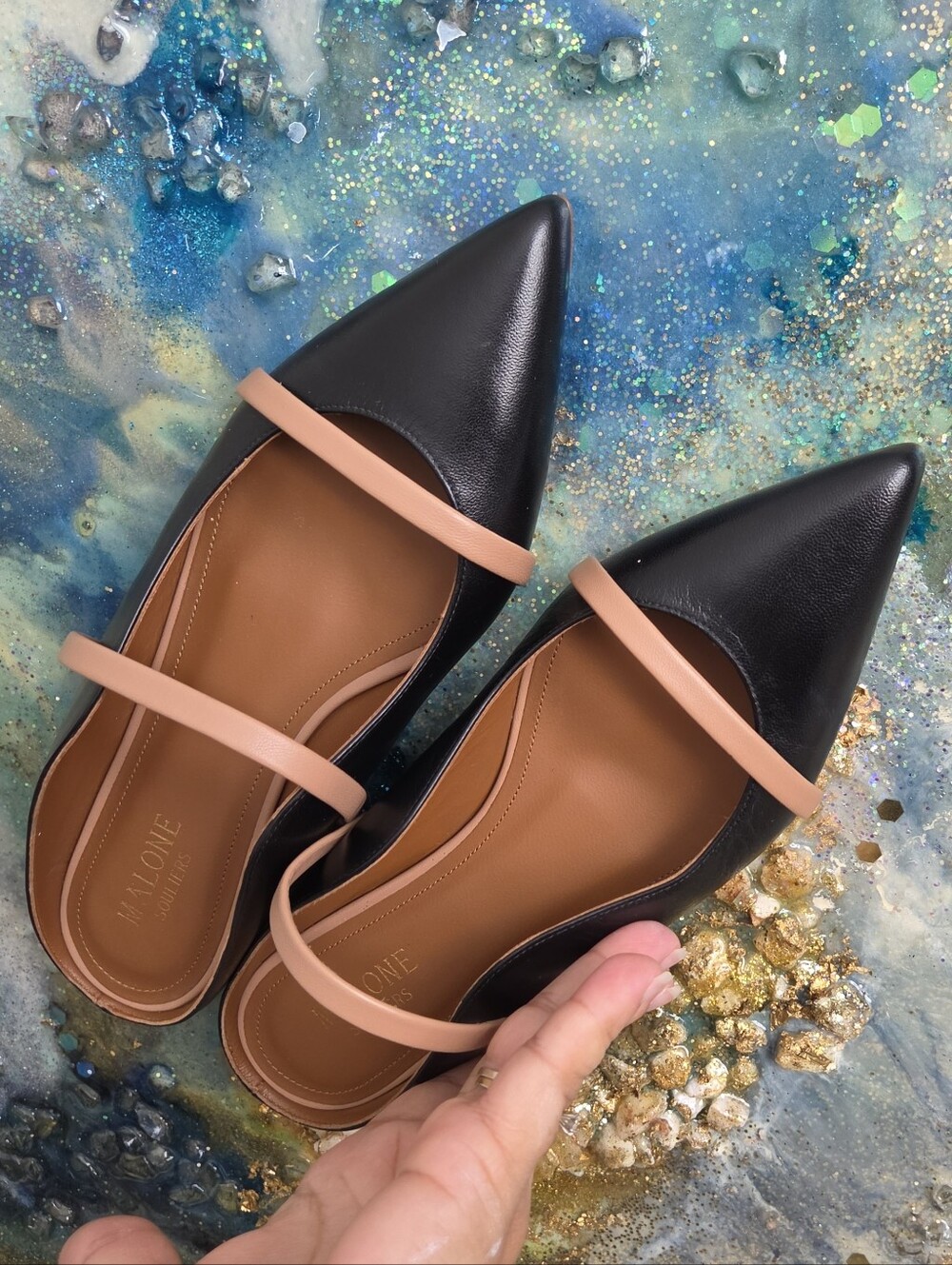 Malone Soulier Maureen flats. Black with tan strap